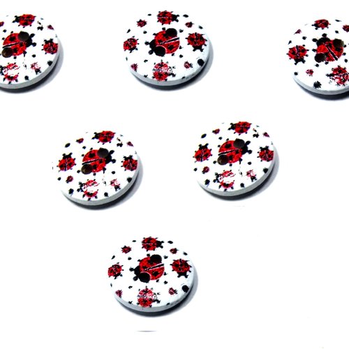Lot 6 boutons bois : rond motif coccinelle 15mm (02)