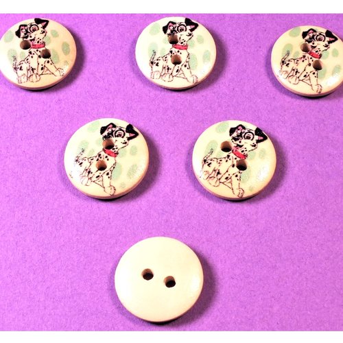 Lot 6 boutons bois : rond motif dalmatien 15mm (01)