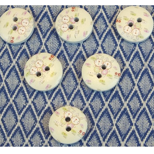 Lot 6 boutons bois : rond motif lapin 15mm (01)