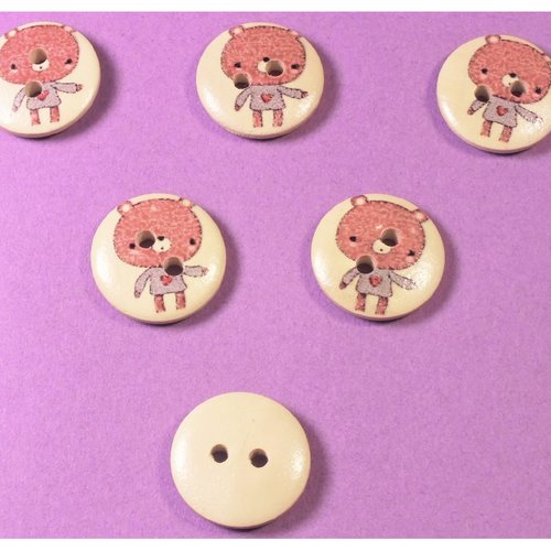 Lot 6 boutons bois : rond motif souris 15mm (01)