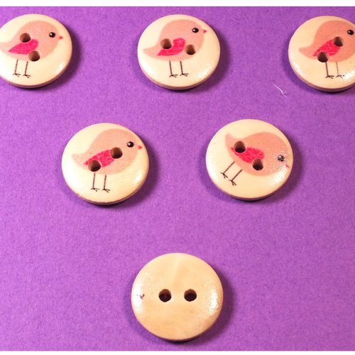 Lot 6 boutons bois : rond motif oiseau 15mm (01)