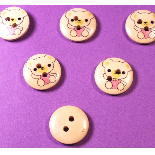 Lot 6 boutons bois : rond motif ourson 15mm (04)