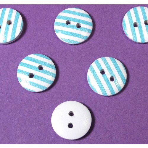 Lot 6 boutons bois : rond motif rayure 15mm (03)