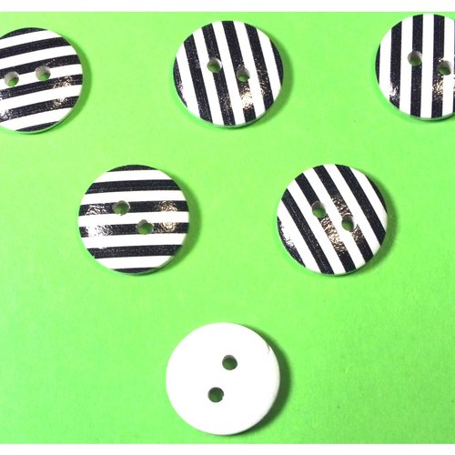 Lot 6 boutons bois : rond motif rayure 15mm (07)