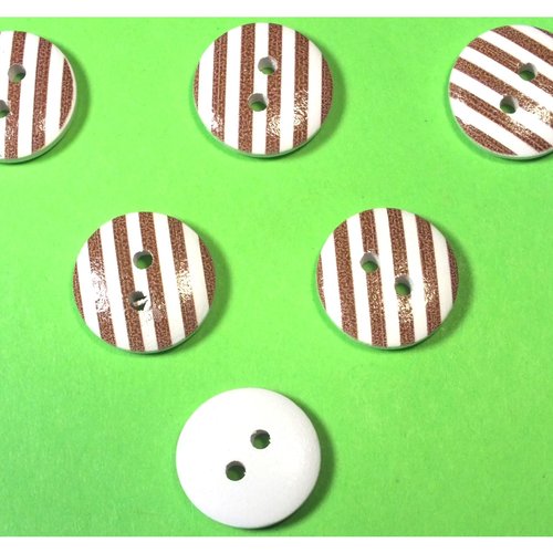 Lot 6 boutons bois : rond motif rayure 15mm (08)