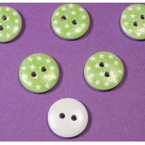 Lot 6 boutons bois : rond motif etoile blanche 15mm (03)