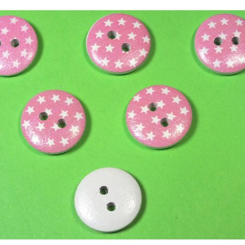 Lot 6 boutons bois : rond motif etoile blanche 15mm (07)