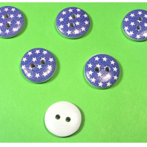 Lot 6 boutons bois : rond motif etoile blanche 15mm (01)