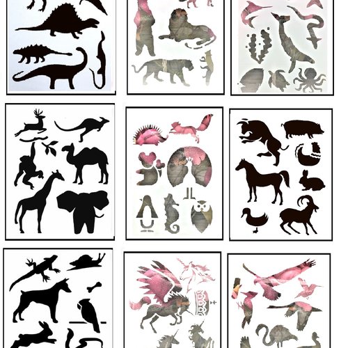 Lot 9 pochoirs plastiques 18*12cm : animaux