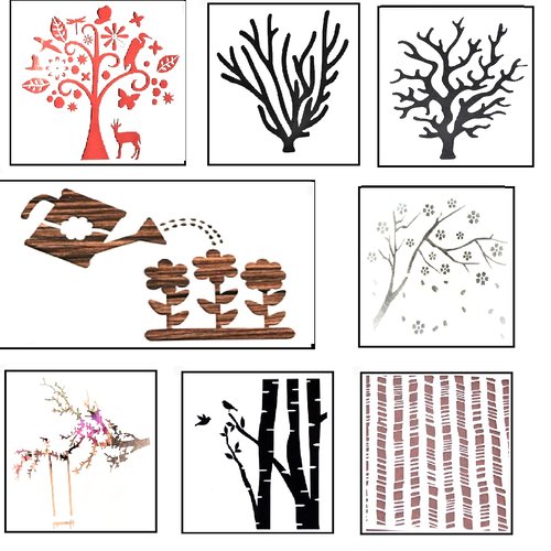 Lot 8 pochoirs plastiques 13*13cm : arbres