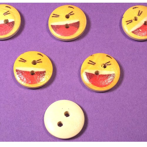 Lot 6 boutons bois : rond motif visage rigolo 15mm (01)