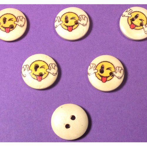 Lot 6 boutons bois : rond motif visage rigolo 15mm (04)