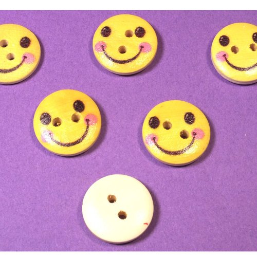 Lot 6 boutons bois : rond motif visage rigolo 15mm (06)