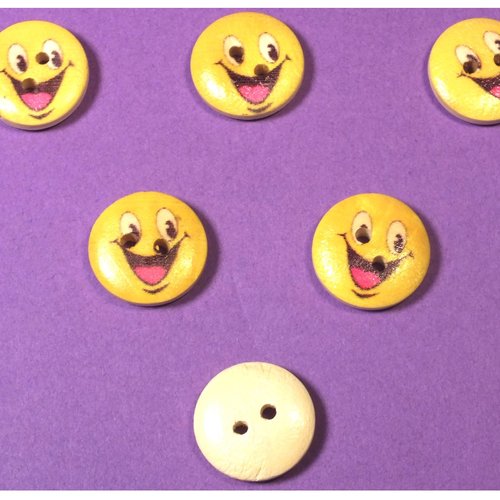 Lot 6 boutons bois : rond motif visage rigolo 15mm (10)