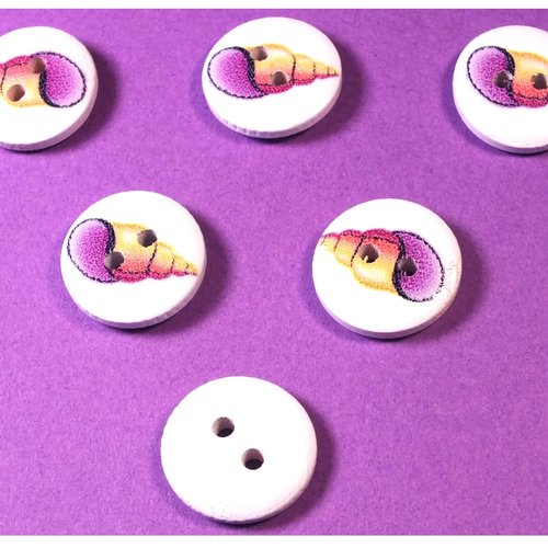 Lot 6 boutons bois : rond thème animaux marins coquillage 15mm (12)