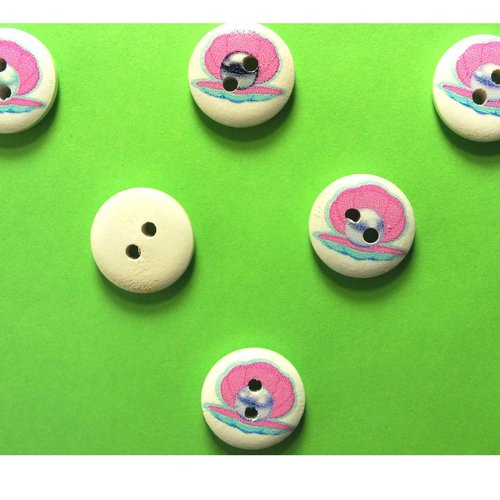 Lot 6 boutons bois : rond thème animaux marins coquile 15mm (03)