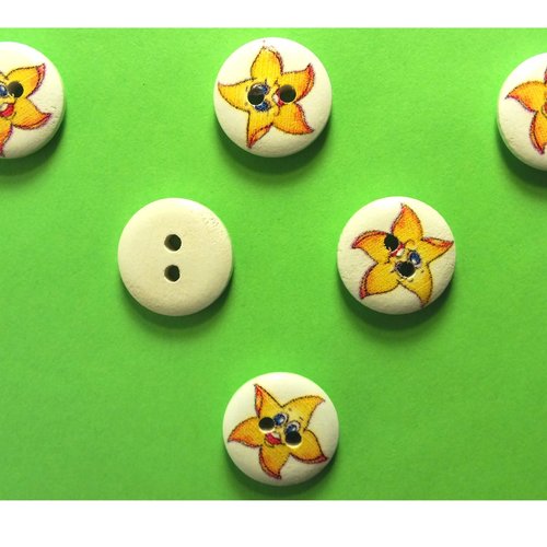 Lot 6 boutons bois : rond thème animaux marins étoile de mer 15mm (04)