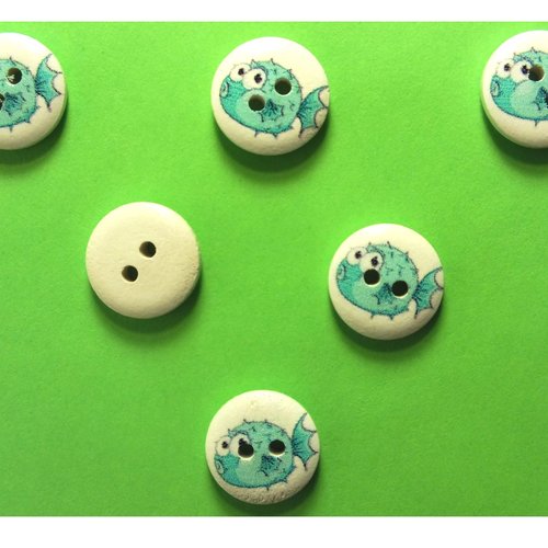 Lot 6 boutons bois : rond thème animaux marins poisson 15mm (02)