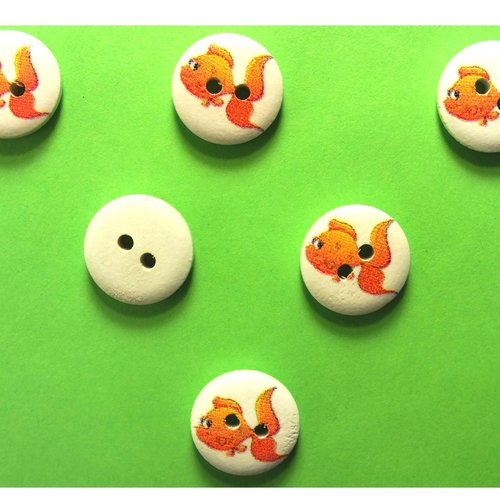 Lot 6 boutons bois : rond thème animaux marins poisson 15mm (07)