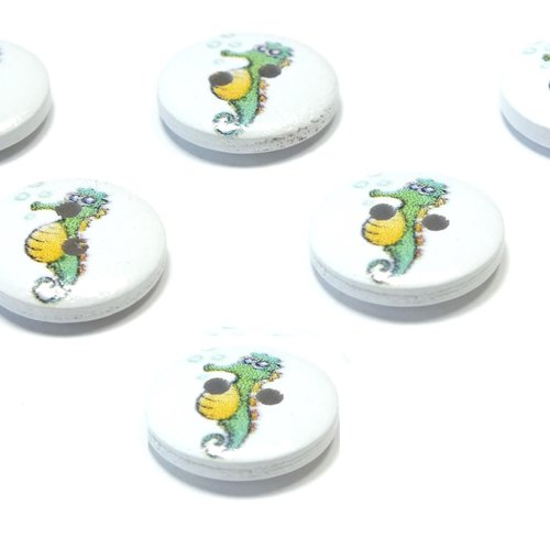 Lot 6 boutons bois : rond thème animaux marins hippocampe 15mm (15)