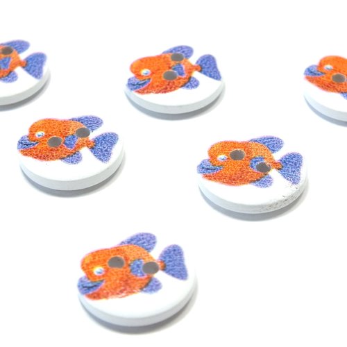 Lot 6 boutons bois : rond thème animaux marins poisson 15mm (14)