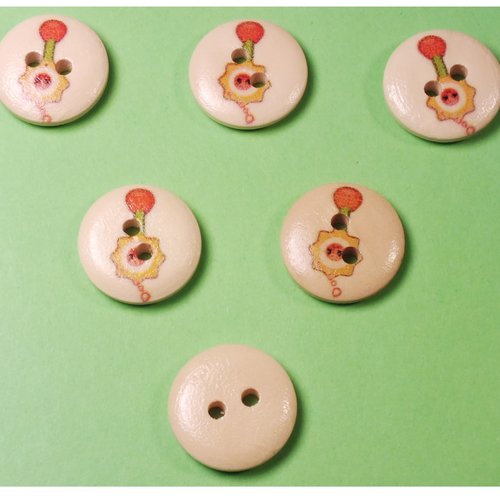 Lot 6 boutons bois : rond thème enfant motif  hochet 15mm (04)