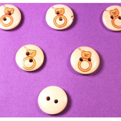 Lot 6 boutons bois : rond thème enfant motif  hochet 15mm (01)