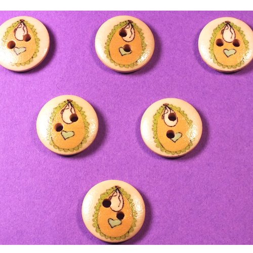 Lot 6 boutons bois : rond thème enfant motif jouet 15mm (08)