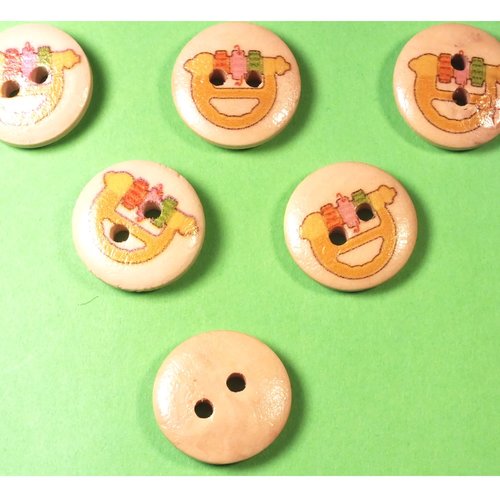 Lot 6 boutons bois : rond thème enfant motif jouet volant 15mm (06)