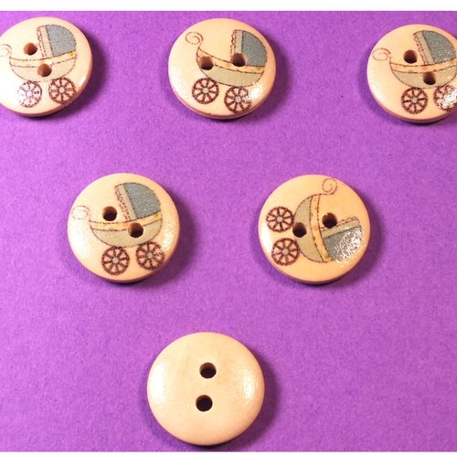Lot 6 boutons bois : rond thème enfant motif landau 15mm (09)