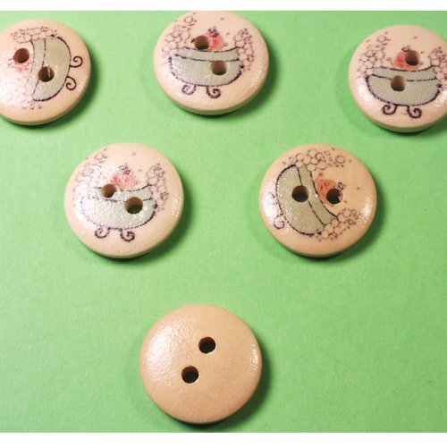 Lot 6 boutons bois : rond thème enfant motif le bain 15mm (02)