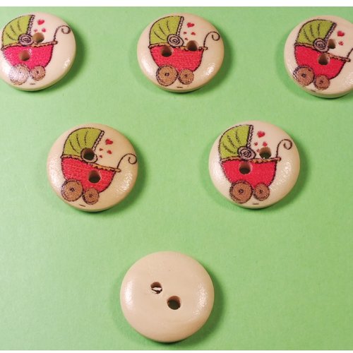 Lot 6 boutons bois : rond thème enfant motif landau 15mm (07)