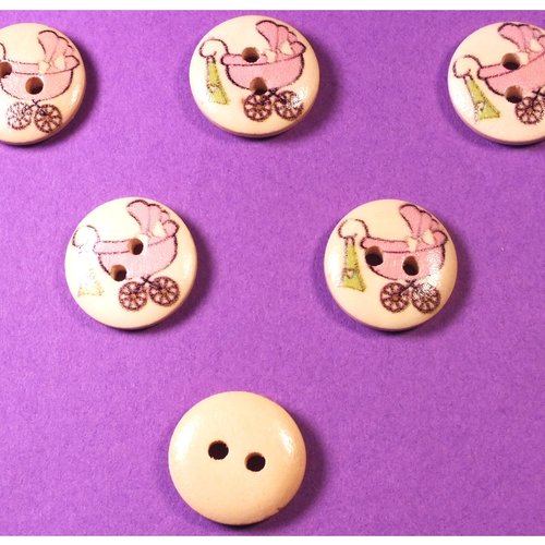Lot 6 boutons bois : rond thème enfant motif landau 15mm (11)