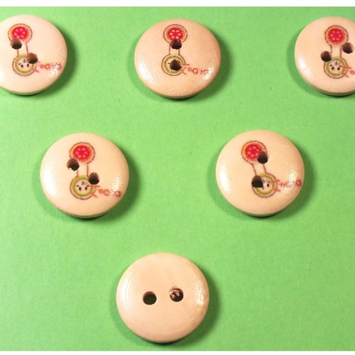 Lot 6 boutons bois : rond thème enfant motif jouet téléphone15mm (05)