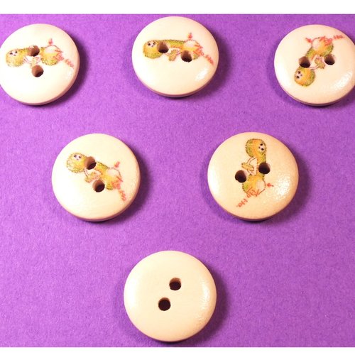 Lot 6 boutons bois : rond thème enfant motif jouet téléphone15mm (12)