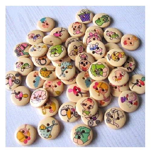 Lot 20 boutons bois : rond thème enfant 15mm