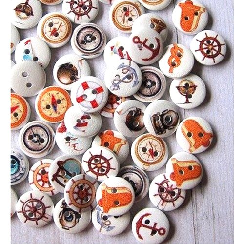 Lot 20 boutons bois : rond thème mer 15mm (01