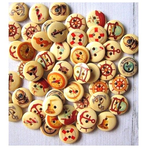Lot 20 boutons bois : rond thème mer 15mm (02)