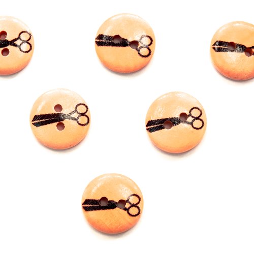Lot 6 boutons bois : rond thème mercerie ciseau 15mm (22)