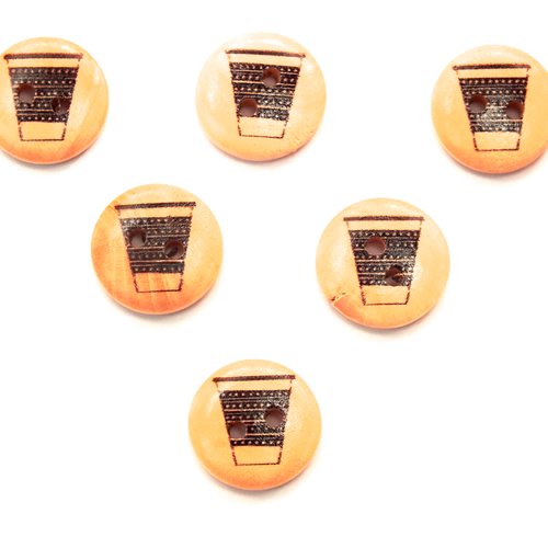 Lot 6 boutons bois : rond thème mercerie dé à coudre 15mm (20)