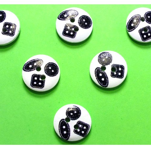 Lot 6 boutons bois : rond thème mercerie boutons 15mm (09)