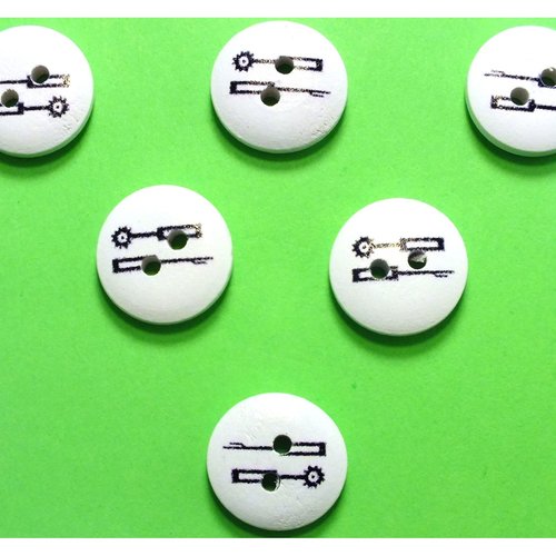 Lot 6 boutons bois : rond thème mercerie outils couture 15mm (05)