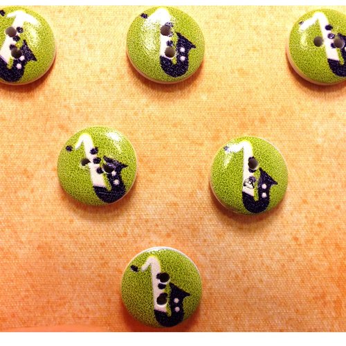 Lot 6 boutons bois : rond thème musique 15mm (04)