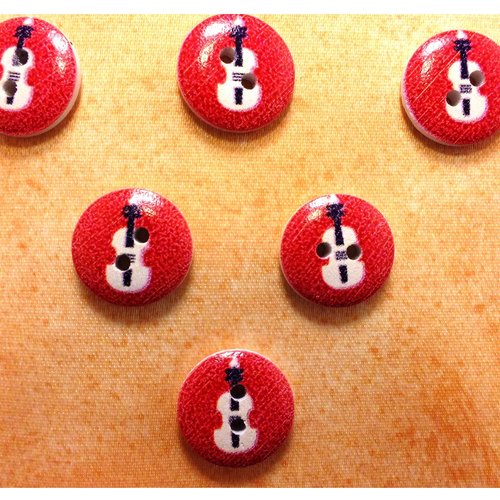 Lot 6 boutons bois : rond thème musique motif guitare 15mm (03)