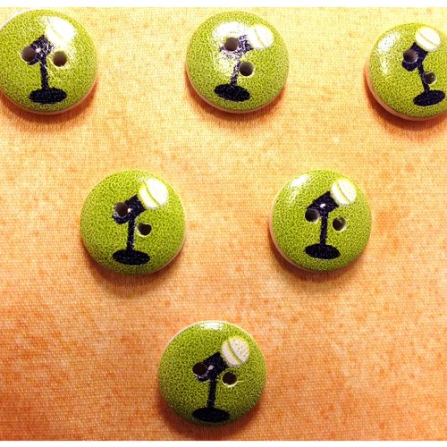 Lot 6 boutons bois : rond thème musique motif micro15mm (05)