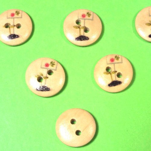 Lot 6 boutons bois : rond thème jardin motif  pancarte de semis 15mm (09)
