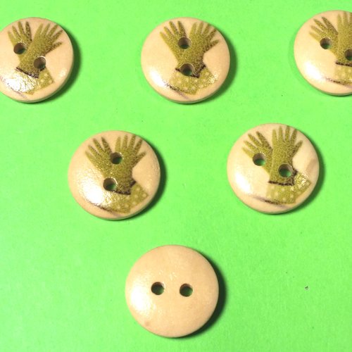 Lot 6 boutons bois : rond thème jardin motif  gant de jardin 15mm (08)