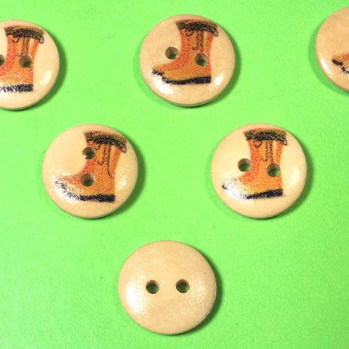 Lot 6 boutons bois : rond thème jardin motif botte 15mm (04)
