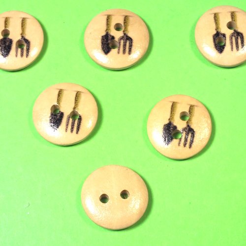Lot 6 boutons bois : rond thème jardin motif outils15mm (03)