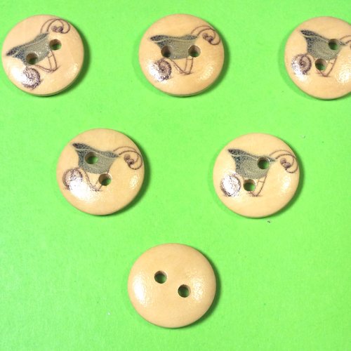 Lot 6 boutons bois : rond thème jardin motif brouette 15mm (05)